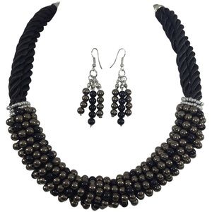 Bead Wrapped Chunky Black Thread Statement Necklace Earrings Set
